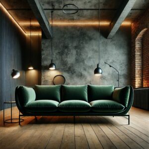 En grön soffa i en minimalistisk industriell miljö med tegelväggar.