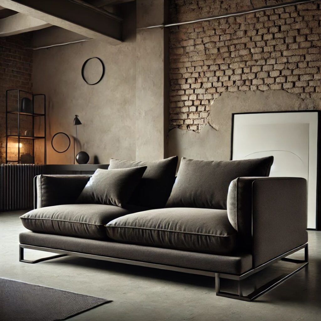 En låg, bekväm soffa i en minimalistisk, industriell miljö En låg, bekväm soffa i en minimalistisk, industriell miljö.