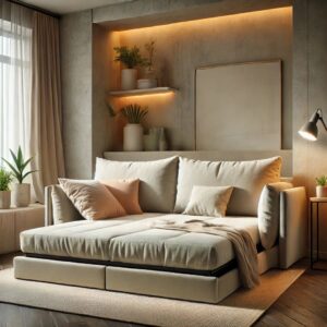 Modern bäddsoffa i ett mysigt vardagsrum, omgiven av minimalistisk inredning och växter.