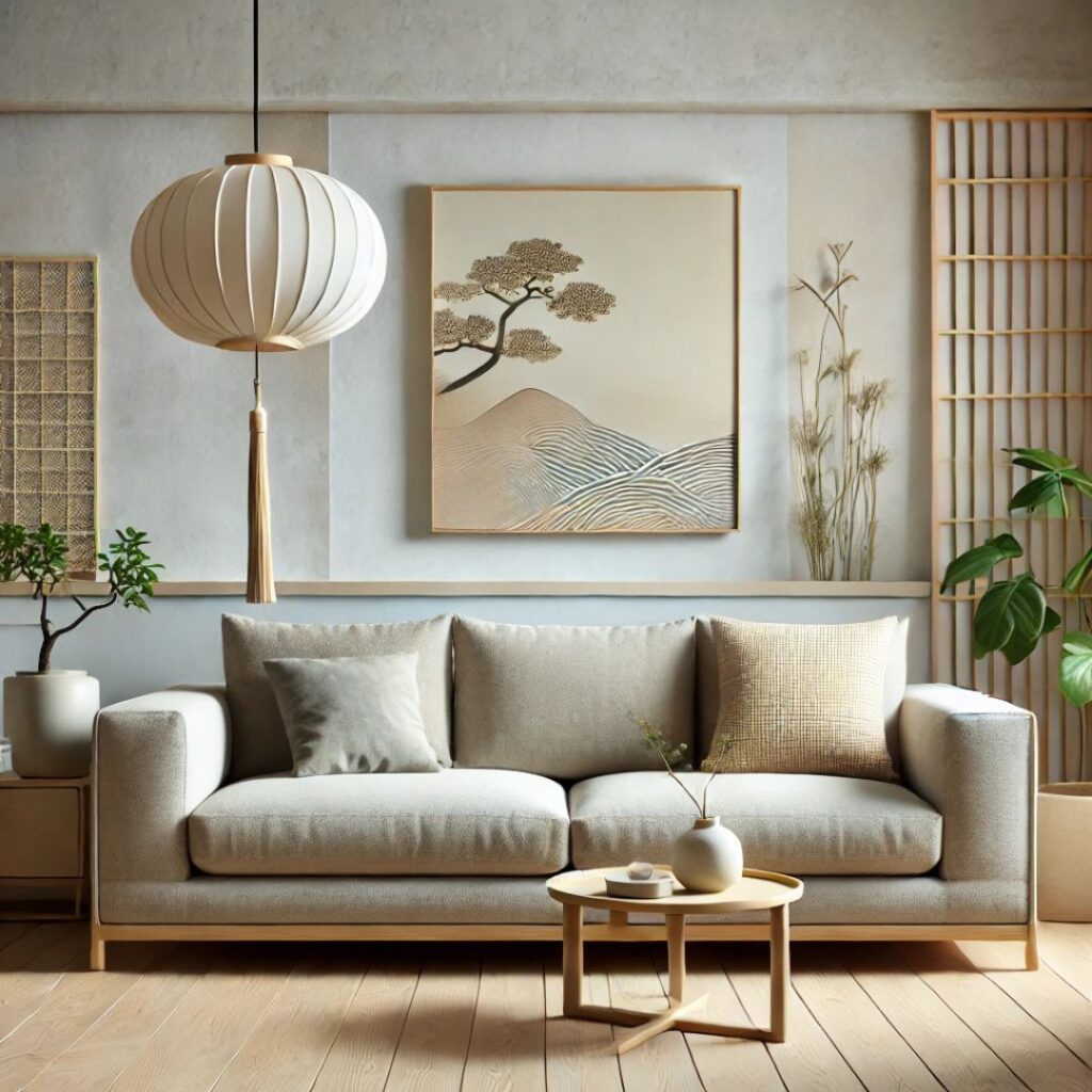 Stilren Japandi soffa i en lugn japansk-skandinavisk miljö med växter och neutrala färger Stilren Japandi soffa i en lugn japansk-skandinavisk miljö med växter och neutrala färger.